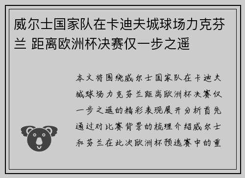 威尔士国家队在卡迪夫城球场力克芬兰 距离欧洲杯决赛仅一步之遥